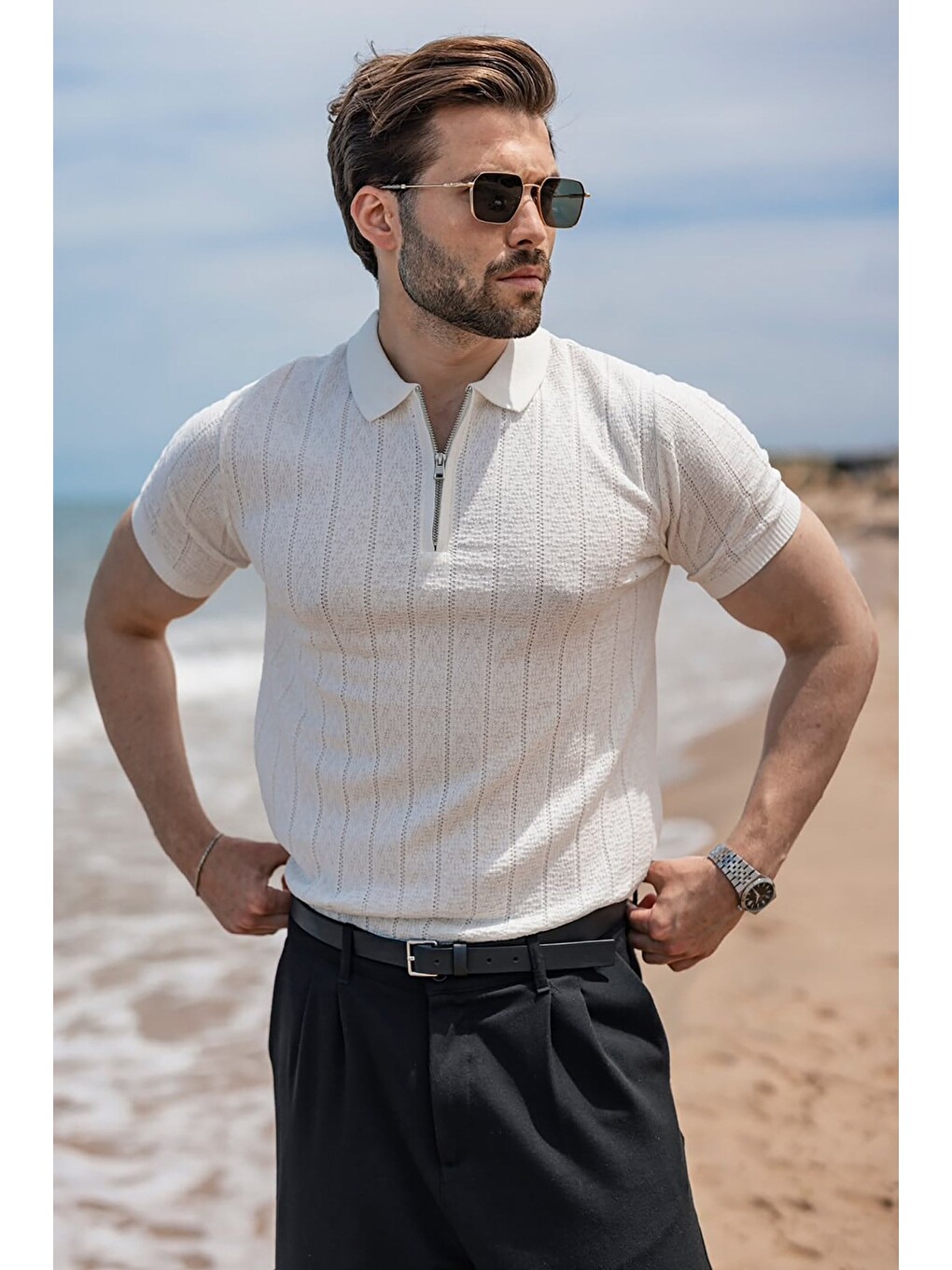 Ekru Regular Fit Polo Yaka Triko Erkek Tişört E7503-3