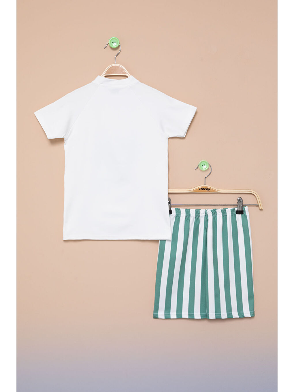 Beyaz Palmiye Baskılı Çizgili Şortlu Erkek Çocuk Şortlu Mayo Takımı 21152-2