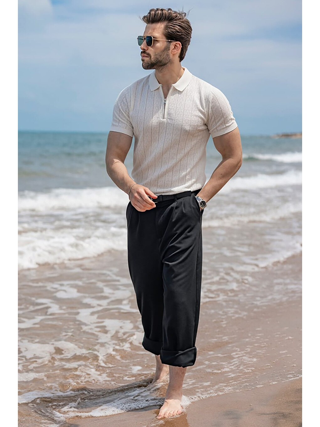 Ekru Regular Fit Polo Yaka Triko Erkek Tişört E7503-4