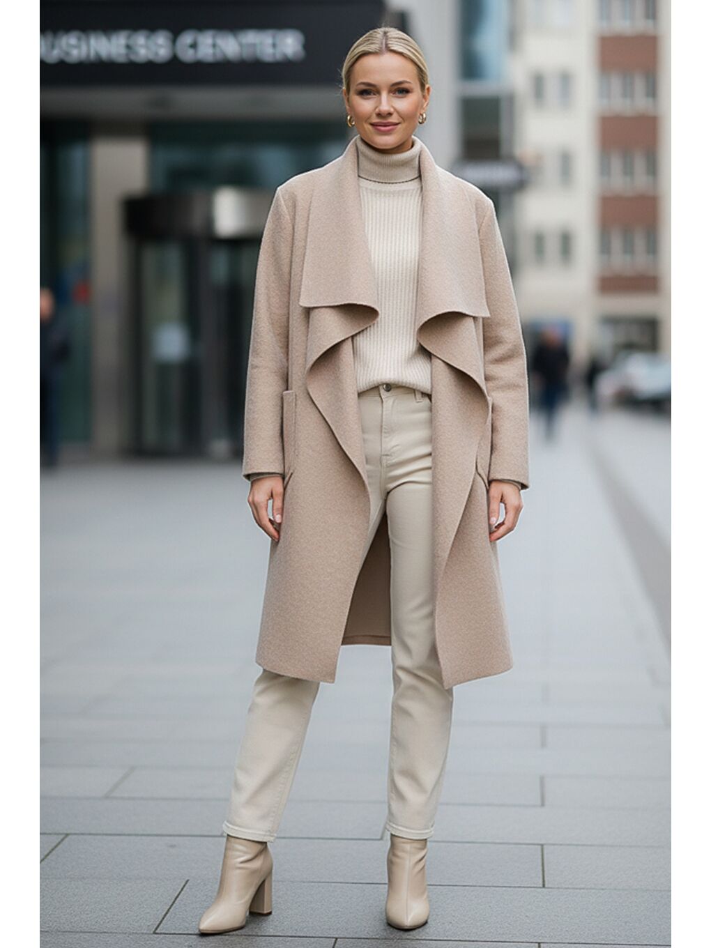 İtalyan Bej Şal Yaka Uzun Kol Cepli İnce Kırçıllı Casual Kaşe Oversize Dokuma Ceket 105 65