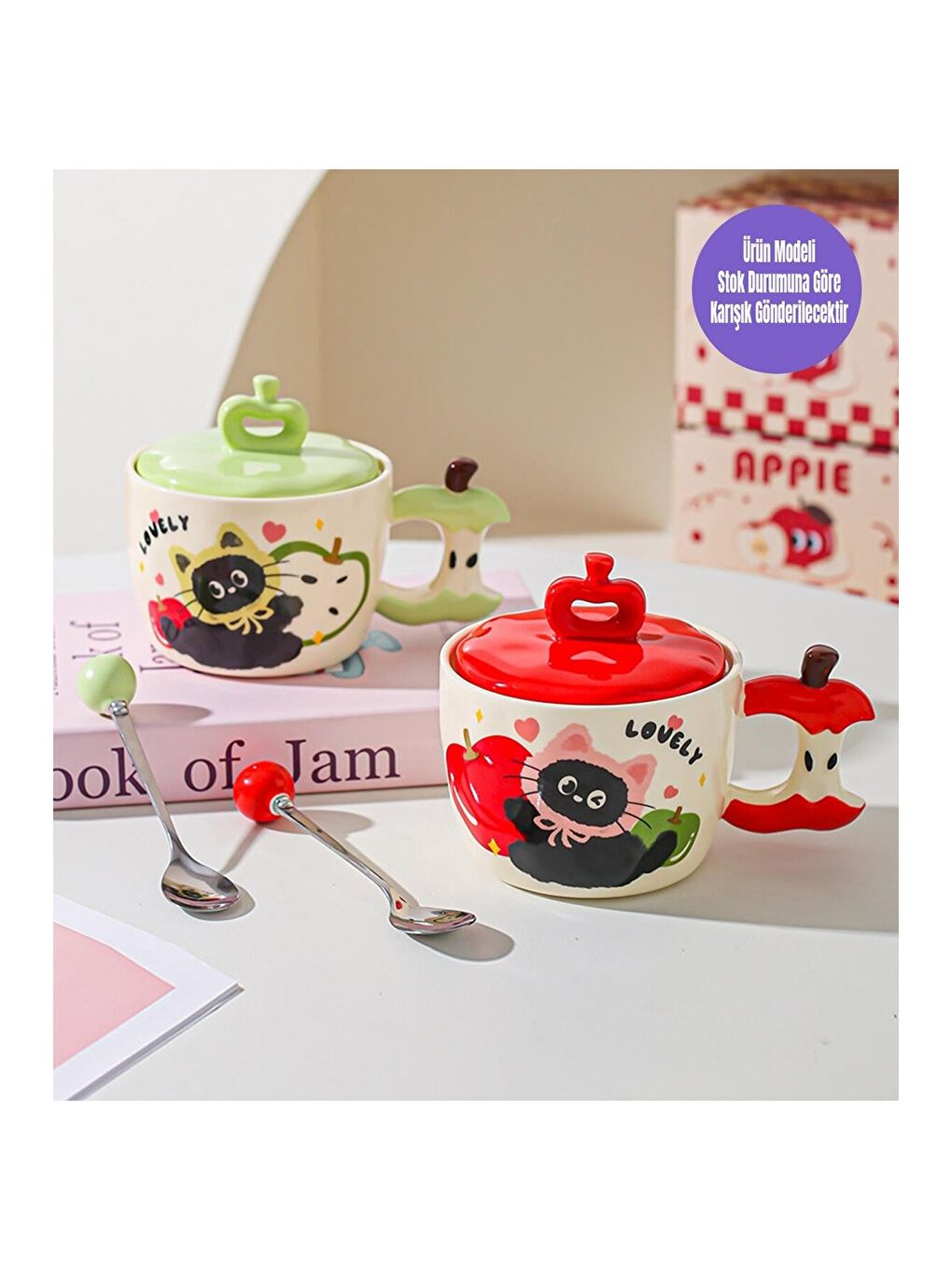 Karışık Sevimli Kedi Elma Temalı Seramik Kupa