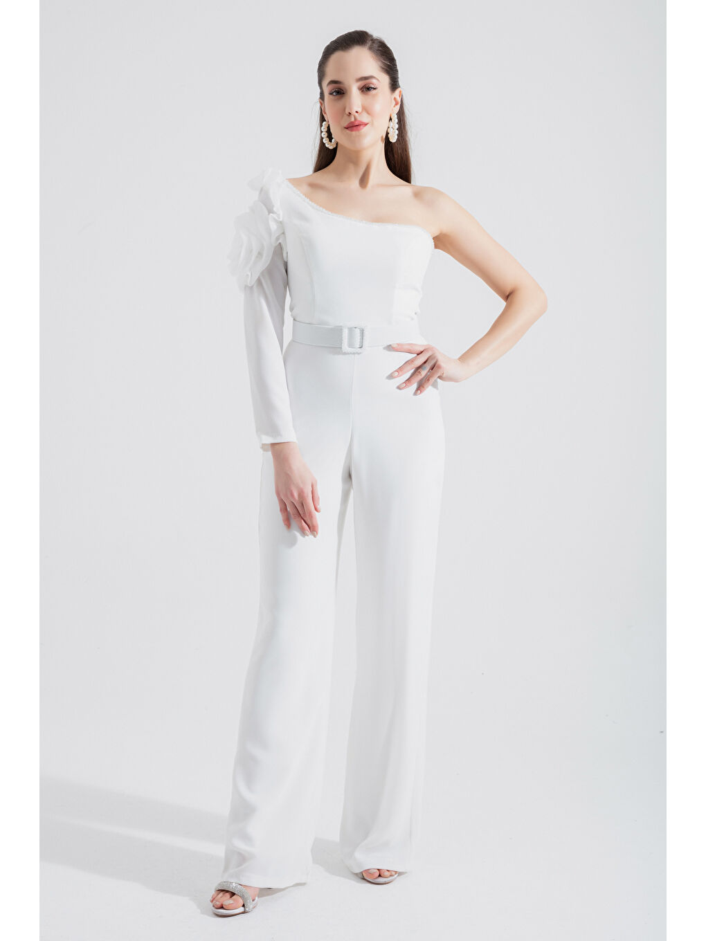 Kadın Beyaz Tek Omuzlu Taşlı Abiye Tulum