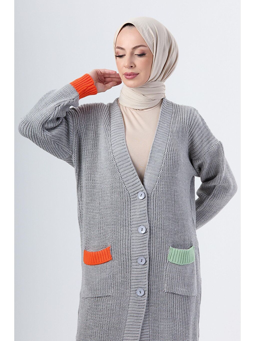 Ceket Yaka Kadın Gri Triko Hırka - 24006-3