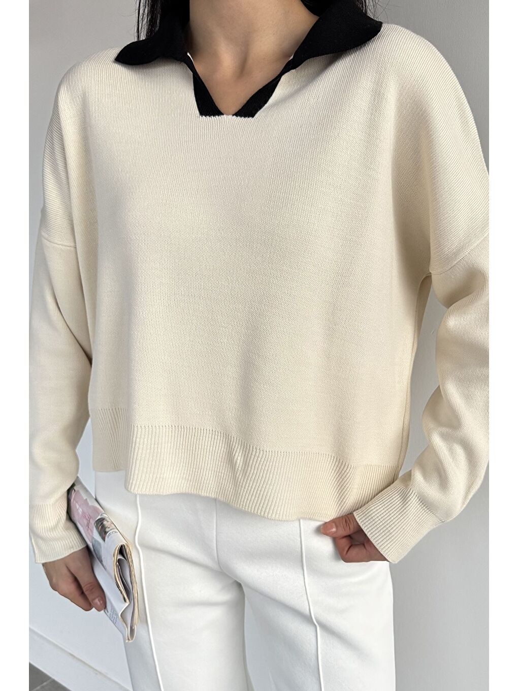 Ekru Polo Yaka Salaş Triko Bluz (s,m,l,xl Uyumludur)