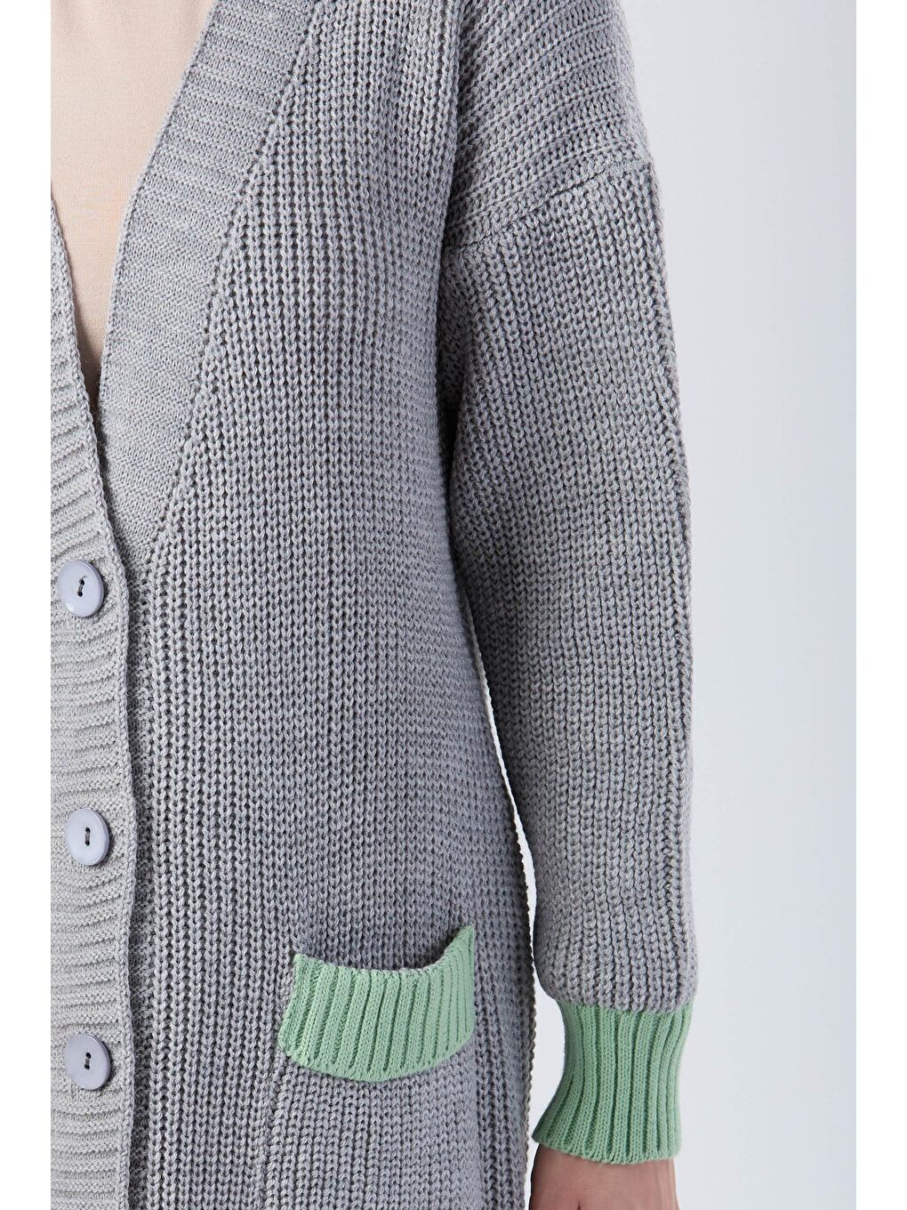 Ceket Yaka Kadın Gri Triko Hırka - 24006-4