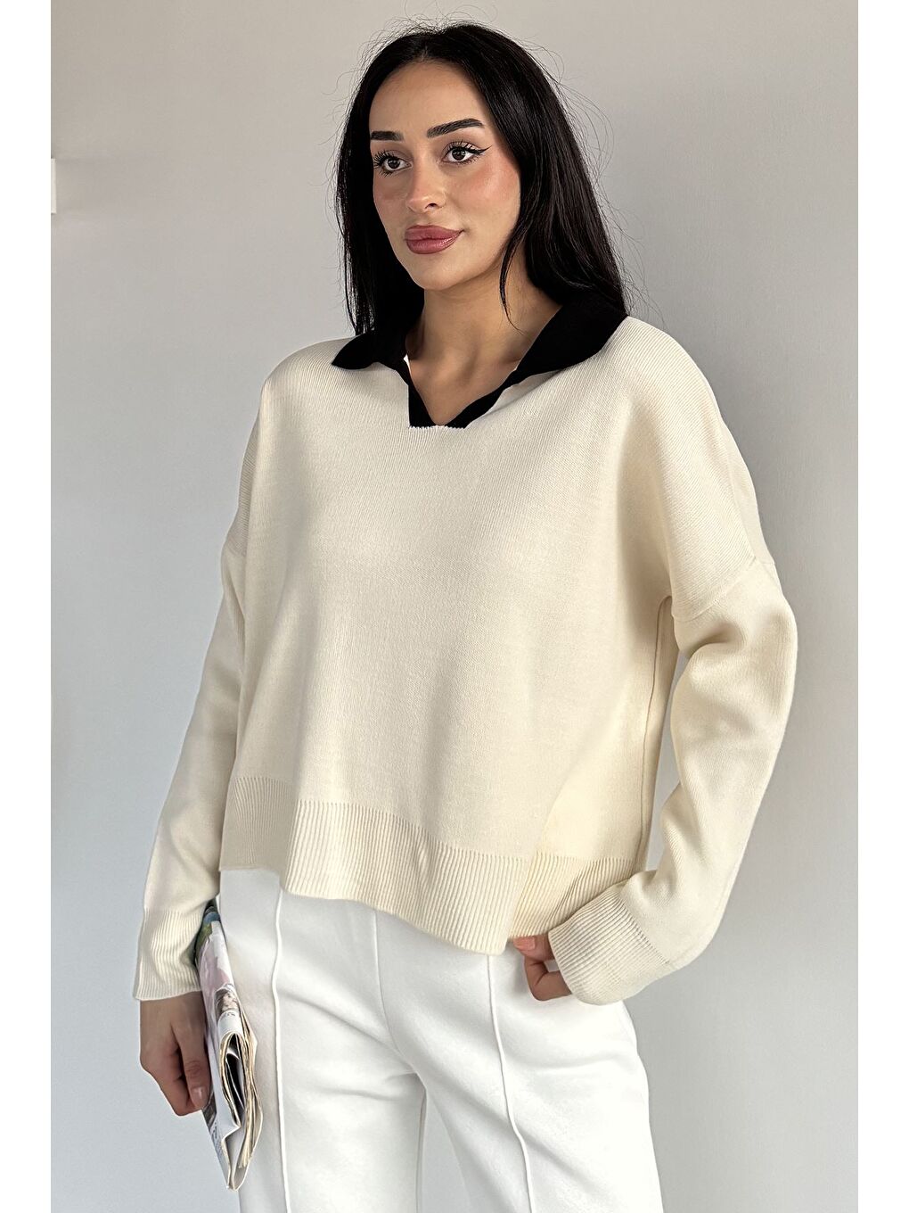 Ekru Polo Yaka Salaş Triko Bluz (s,m,l,xl Uyumludur)-1