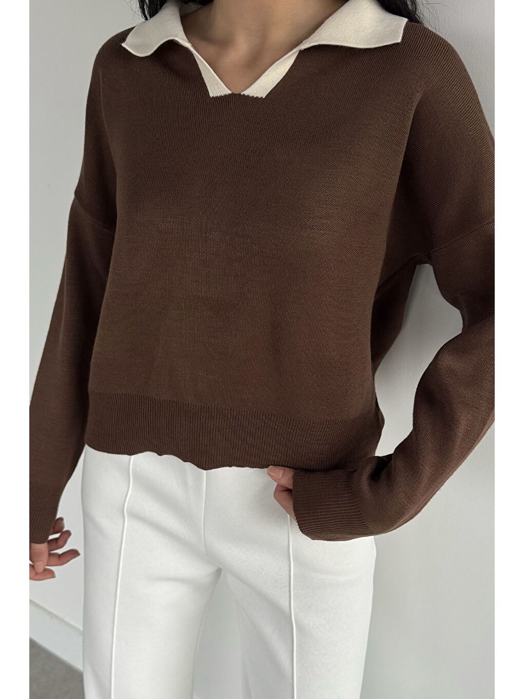 Kahverengi Polo Yaka Salaş Triko Bluz (s,m,l,xl Uyumludur)
