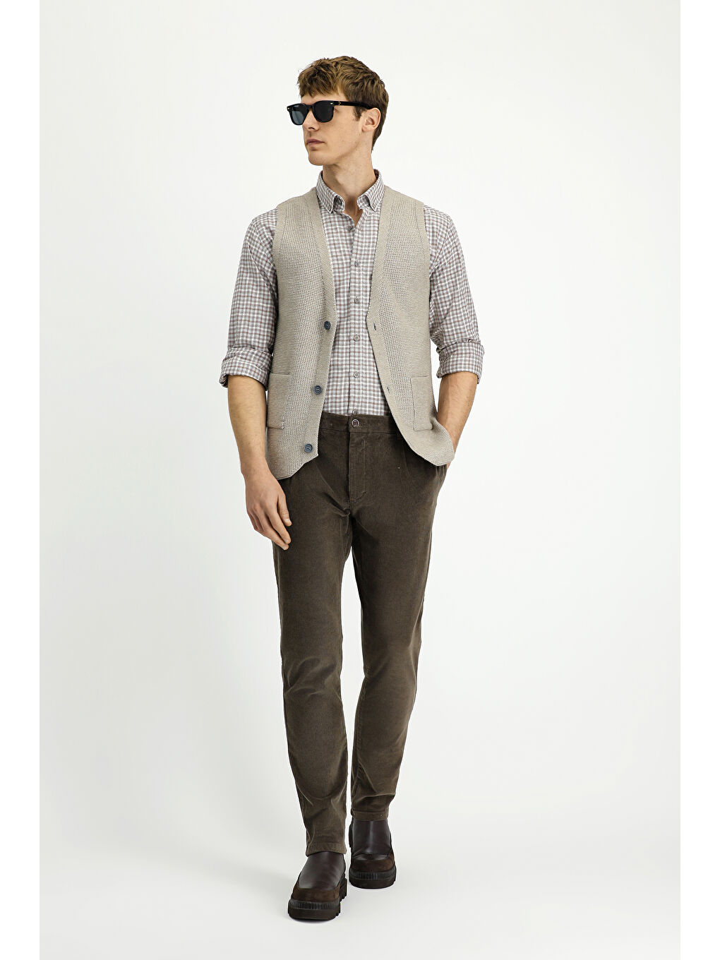 Bej V Yaka Triko Yelek-1