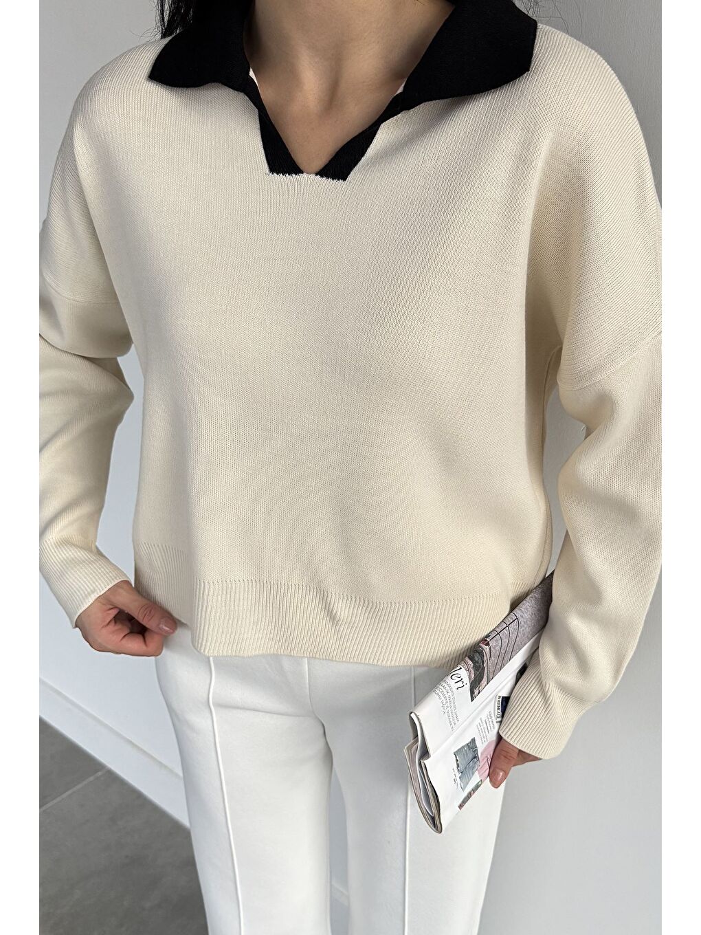 Ekru Polo Yaka Salaş Triko Bluz (s,m,l,xl Uyumludur)-2