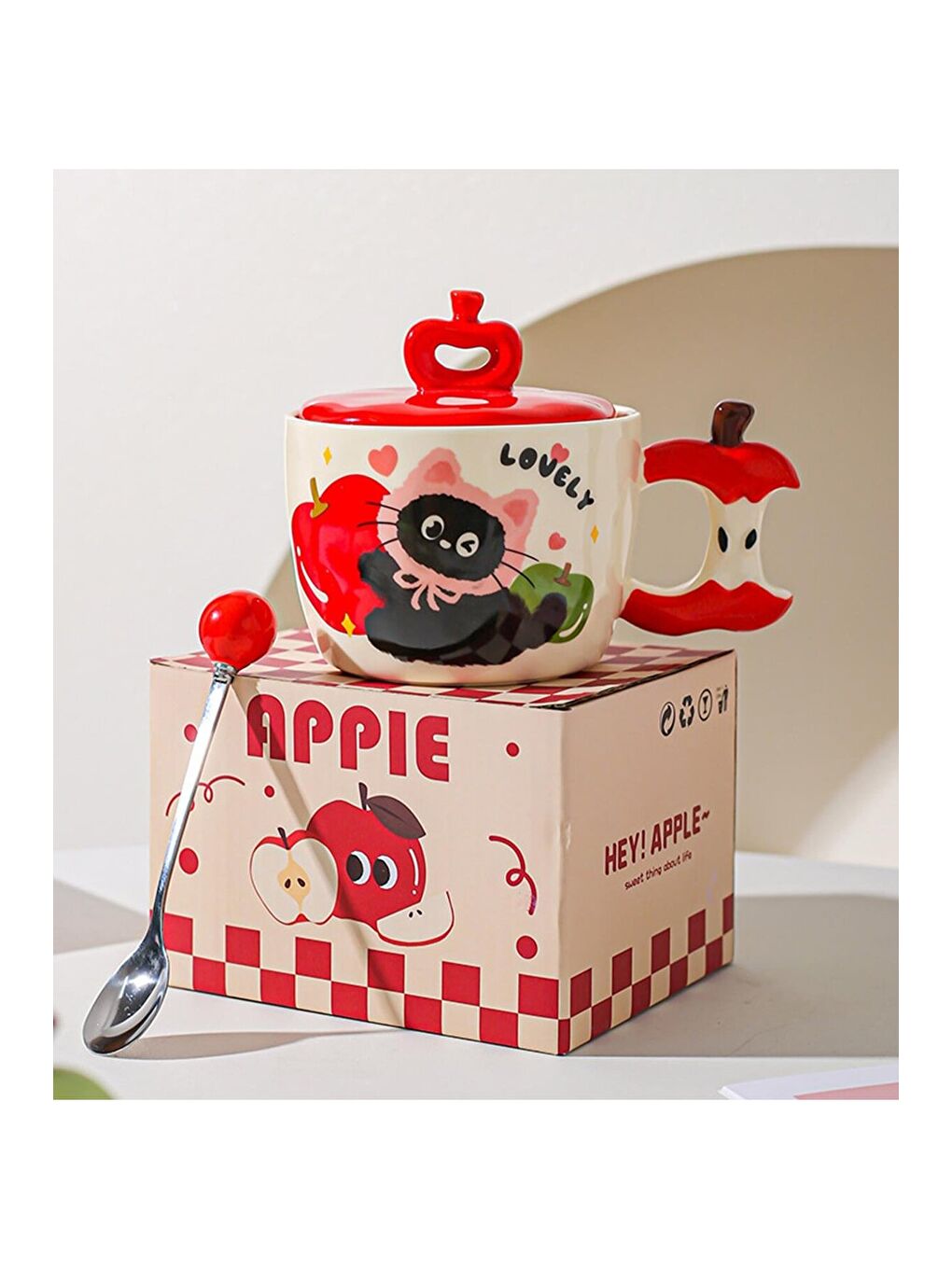 Karışık Sevimli Kedi Elma Temalı Seramik Kupa-1