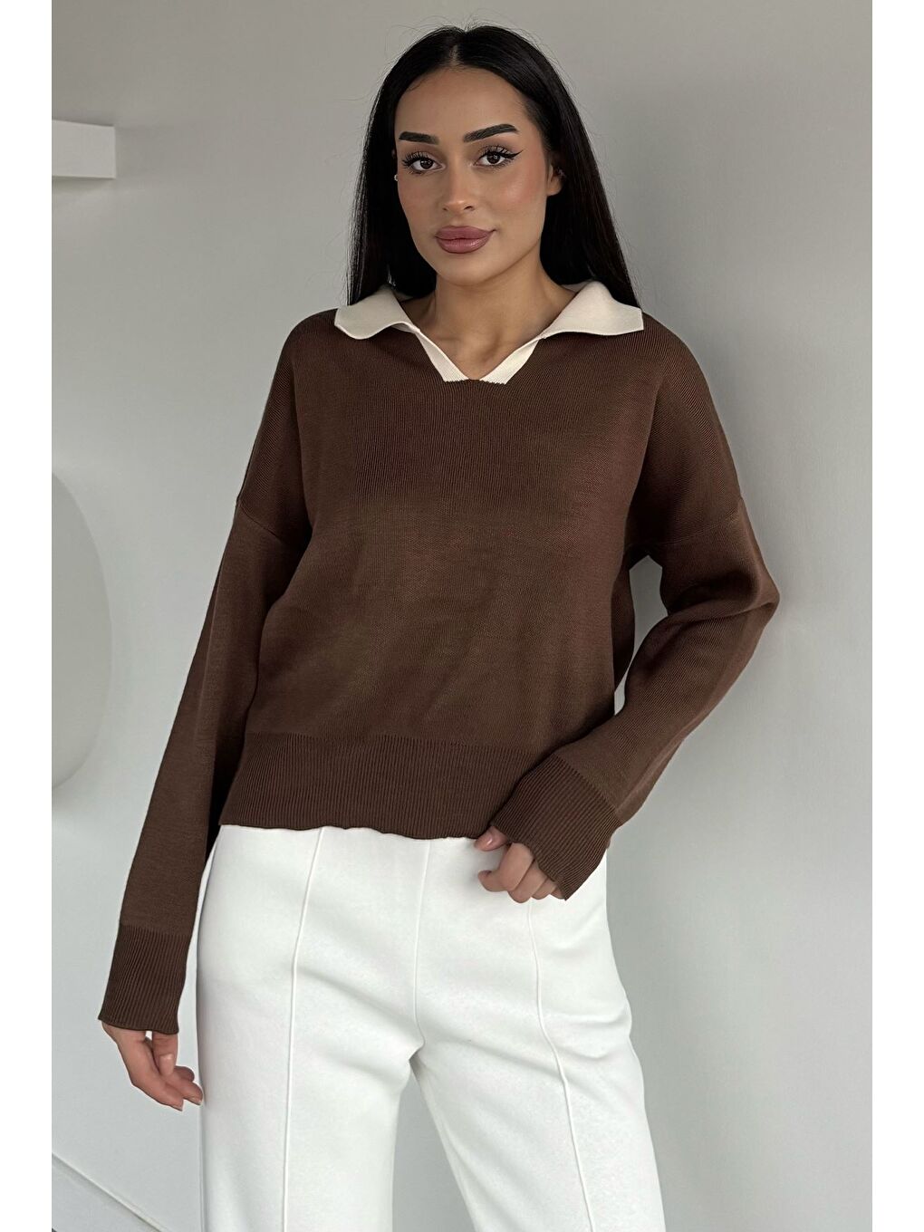 Kahverengi Polo Yaka Salaş Triko Bluz (s,m,l,xl Uyumludur)-1