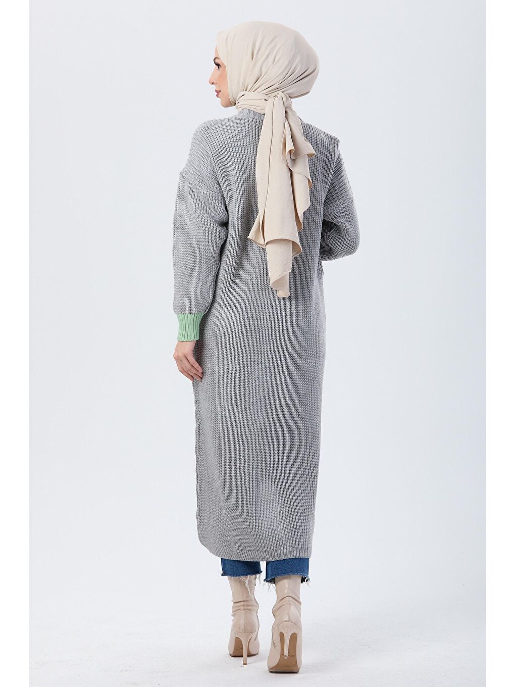 Ceket Yaka Kadın Gri Triko Hırka - 24006-5
