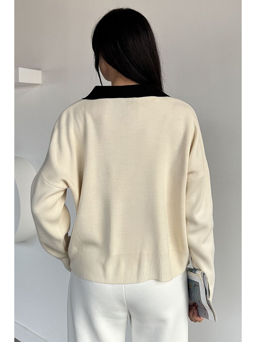 Ekru Polo Yaka Salaş Triko Bluz (s,m,l,xl Uyumludur)-3