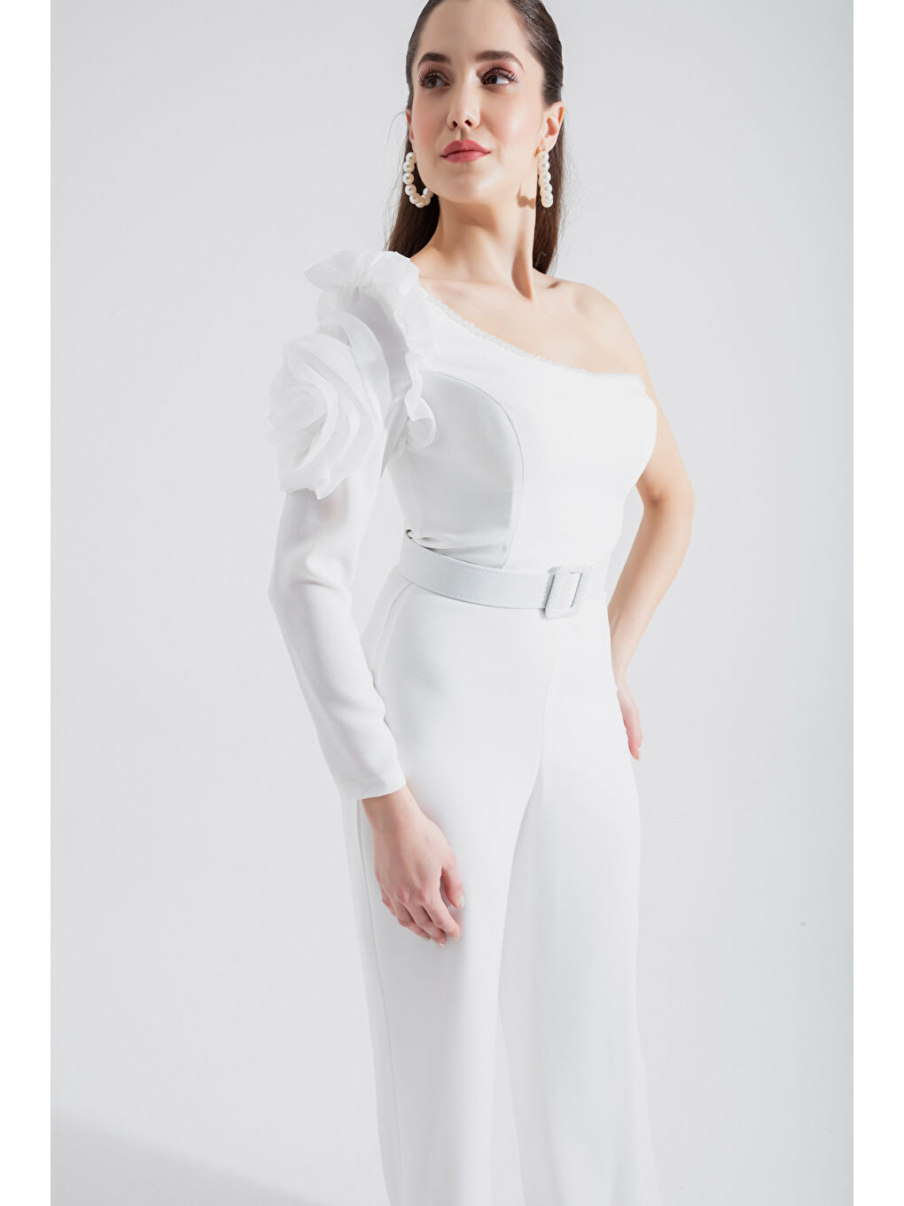 Kadın Beyaz Tek Omuzlu Taşlı Abiye Tulum-2