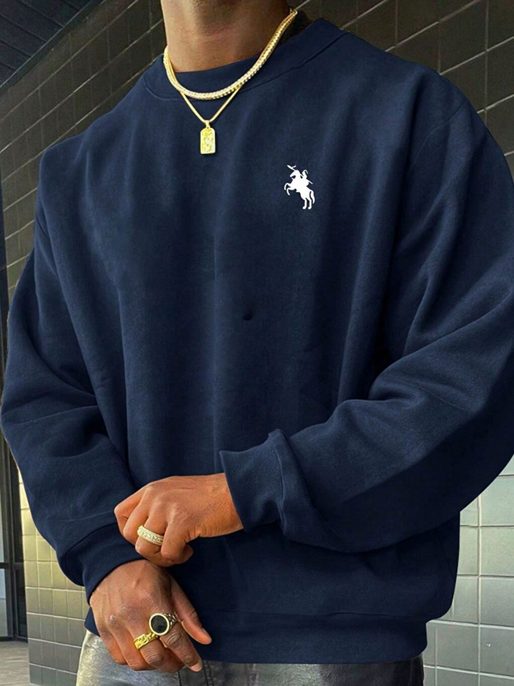 Lacivert Erkek Laci Horse Baskılı Oversize Bisiklet Yaka Uzun Kollu Sweatshirt