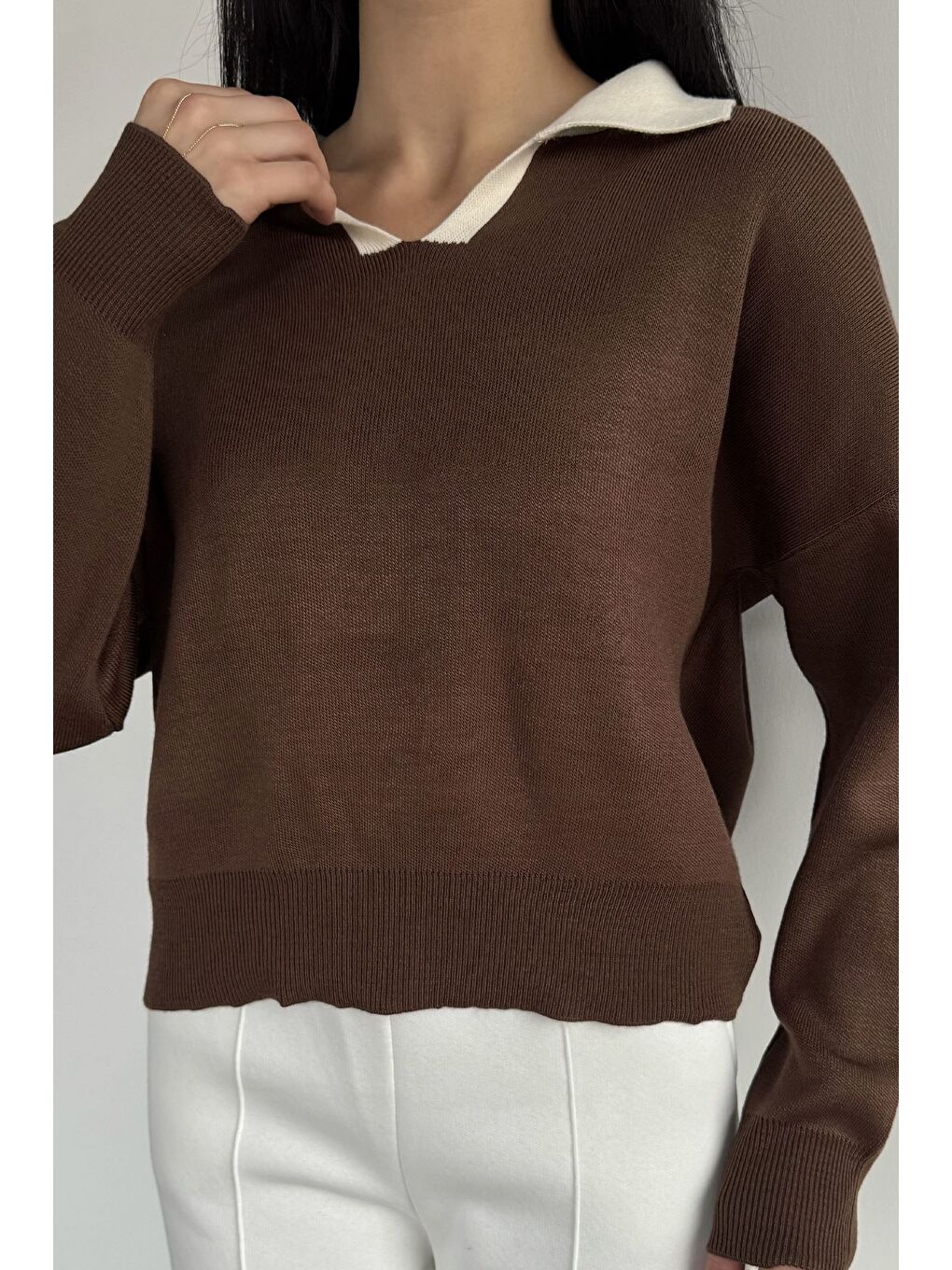 Kahverengi Polo Yaka Salaş Triko Bluz (s,m,l,xl Uyumludur)-2