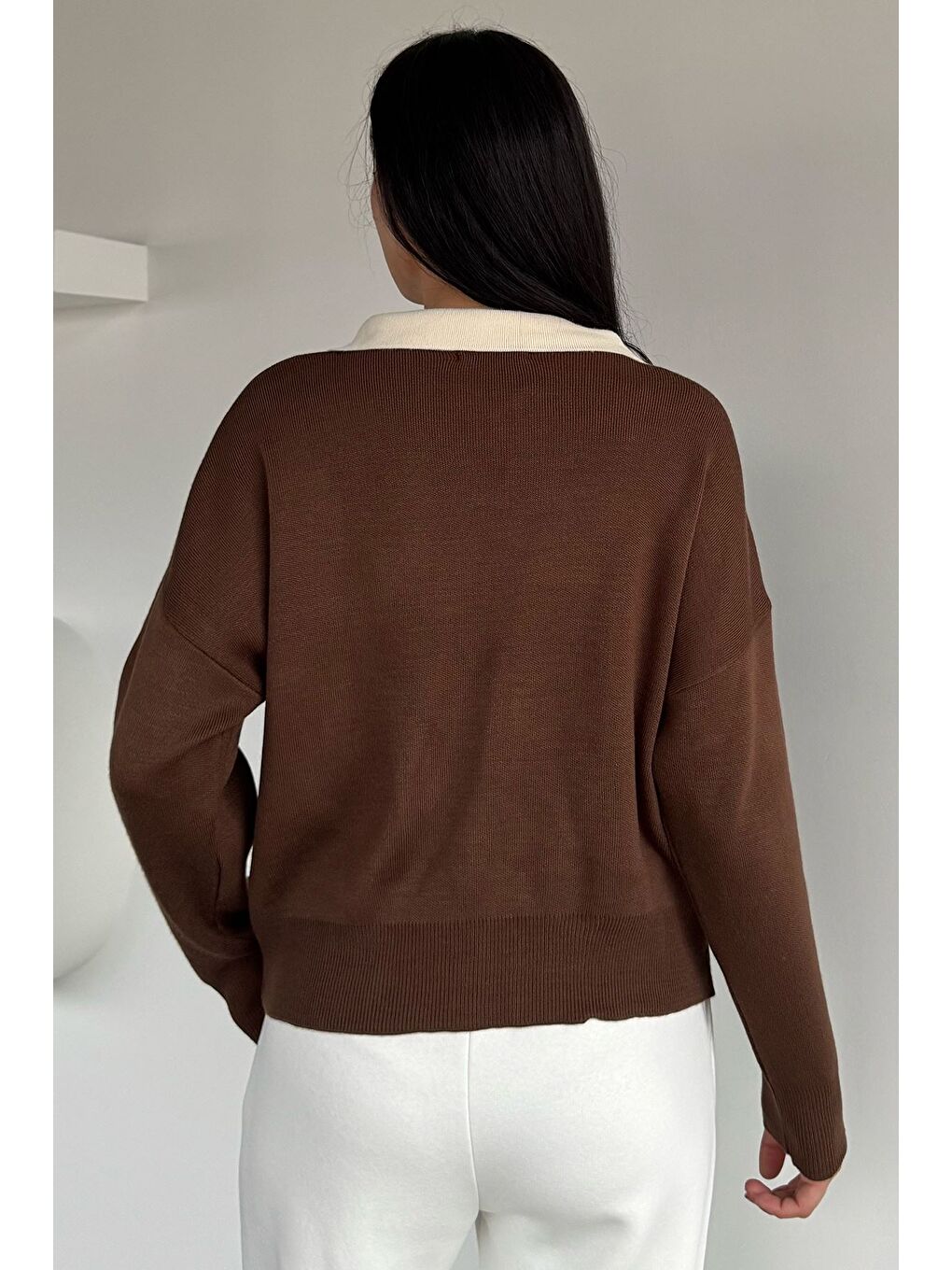 Kahverengi Polo Yaka Salaş Triko Bluz (s,m,l,xl Uyumludur)-3