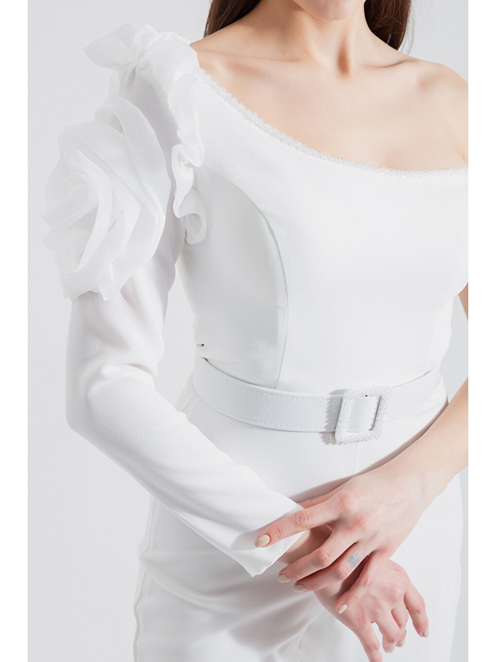 Kadın Beyaz Tek Omuzlu Taşlı Abiye Tulum-3