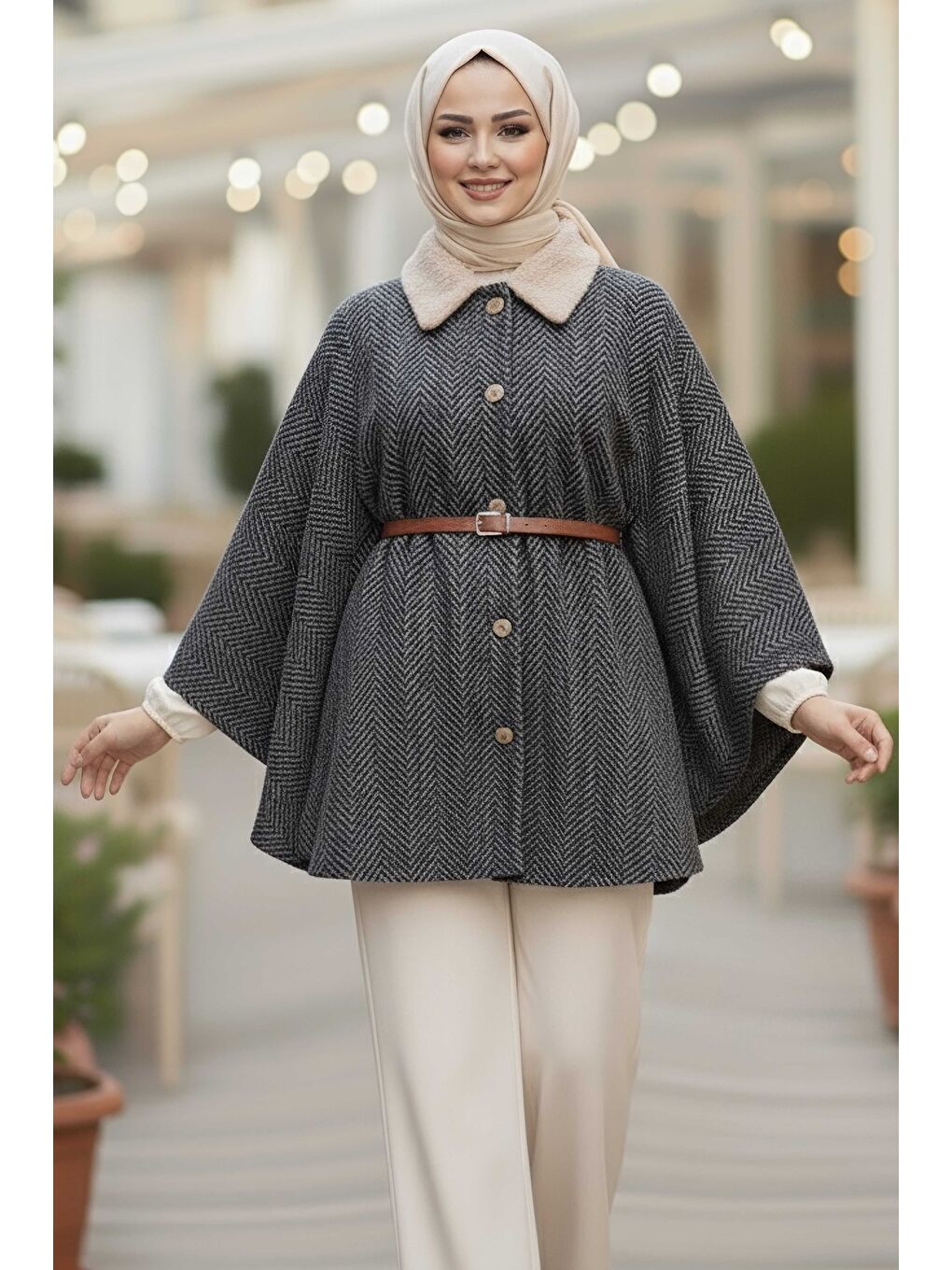 Bej Zikzak Desenli Kemerli Pamço Vizon - 27987-VIZON