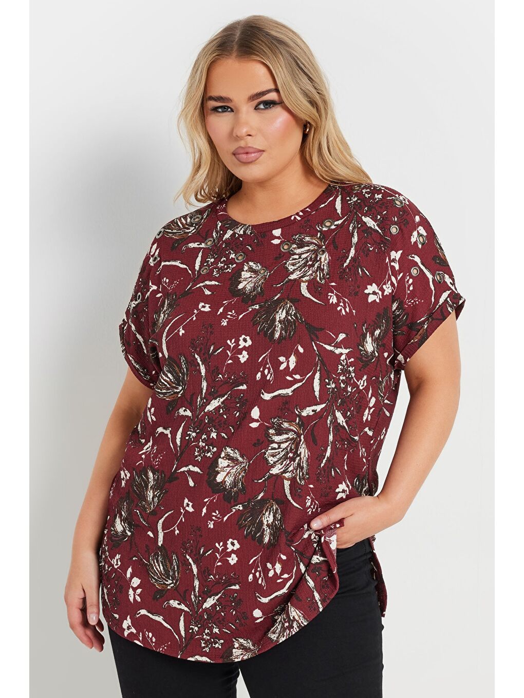 Bordo Büyük Beden Kısa Kollu Bisiklet Yaka Baskılı T-shirt 303841