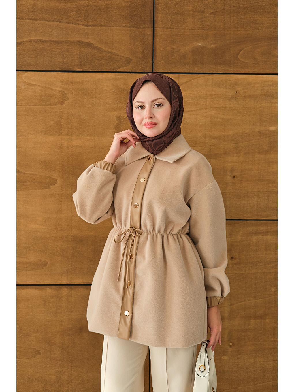 Bej Kadın Beli Ayarlanabilir Gömlek Yaka Angora Ceket Vizon-1