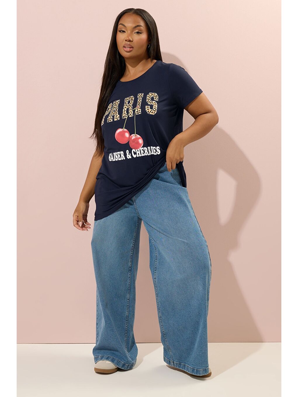 Lacivert Büyük Beden Kısa Kollu Bisiklet Yaka Baskılı T-shirt 304174-1