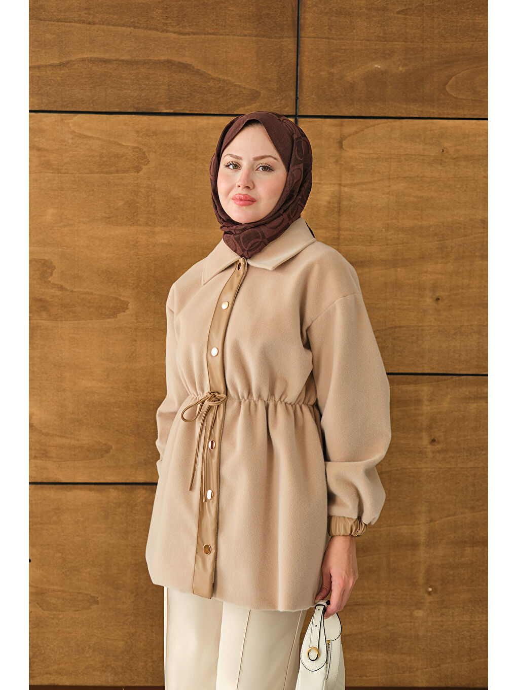 Bej Kadın Beli Ayarlanabilir Gömlek Yaka Angora Ceket Vizon-2
