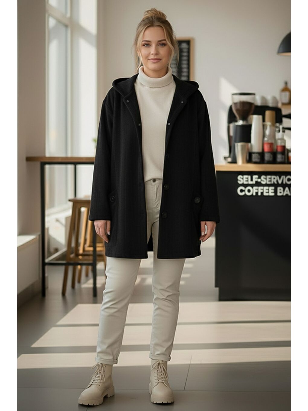 İtalyan Siyah Kapüşonlu Uzun Kol Düğmeli Cepli Casual Kadife Oversize Dokuma Ceket 80 70-1