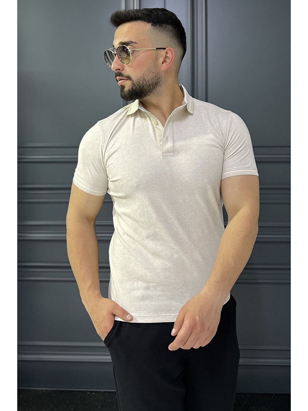 Bej Polo Yaka Erkek Yarım Düğmeli Tişört-1