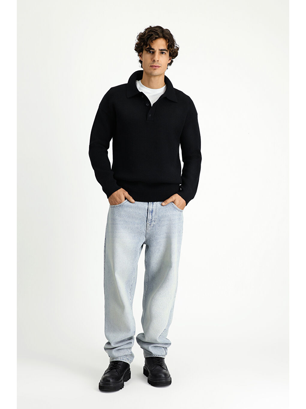 Siyah Polo Yaka Oversize Ekstra Rahat Kesim Desenli Triko Kazak-1