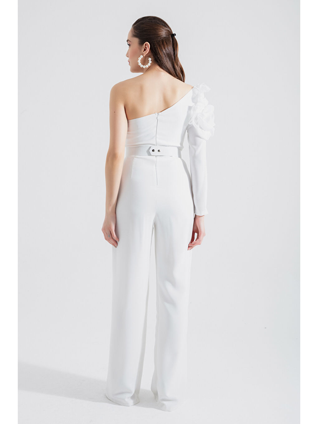 Kadın Beyaz Tek Omuzlu Taşlı Abiye Tulum-4