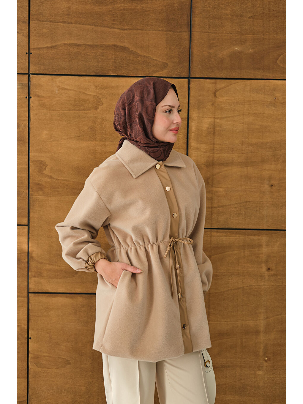 Bej Kadın Beli Ayarlanabilir Gömlek Yaka Angora Ceket Vizon-3
