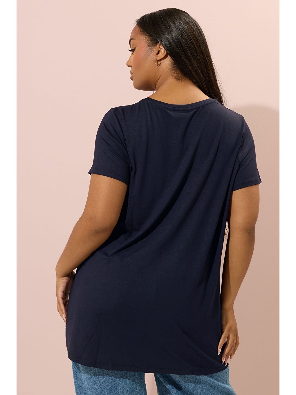 Lacivert Büyük Beden Kısa Kollu Bisiklet Yaka Baskılı T-shirt 304174-3