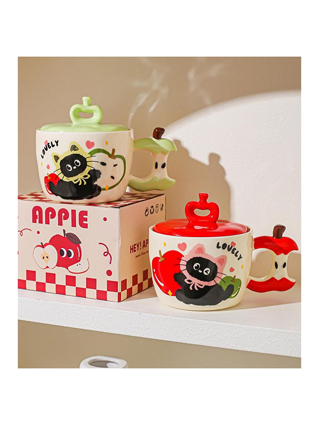 Karışık Sevimli Kedi Elma Temalı Seramik Kupa-3