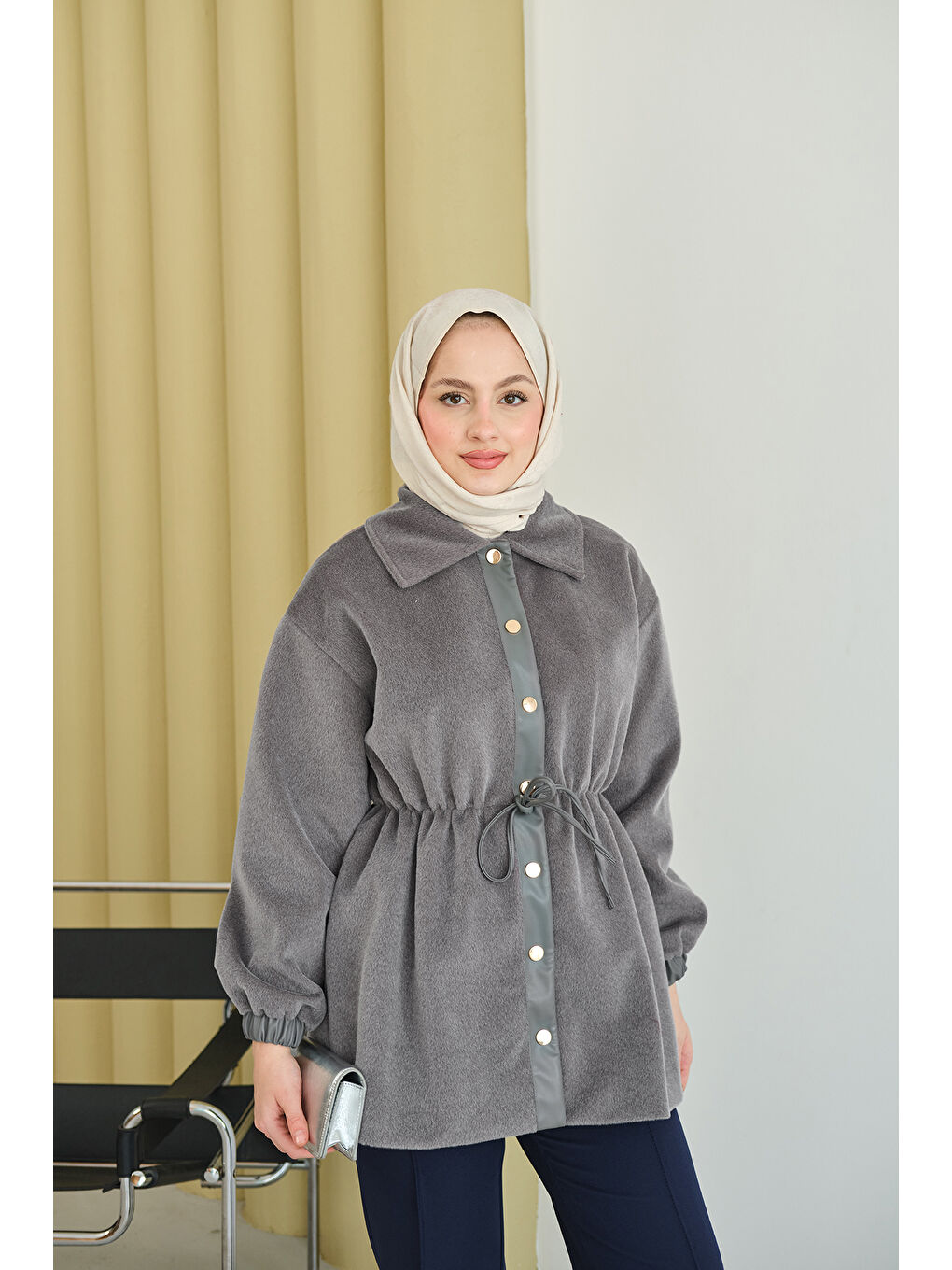 Kadın Beli Ayarlanabilir Gömlek Yaka Angora Ceket Gri