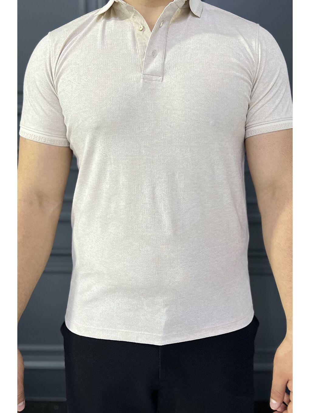 Bej Polo Yaka Erkek Yarım Düğmeli Tişört-3