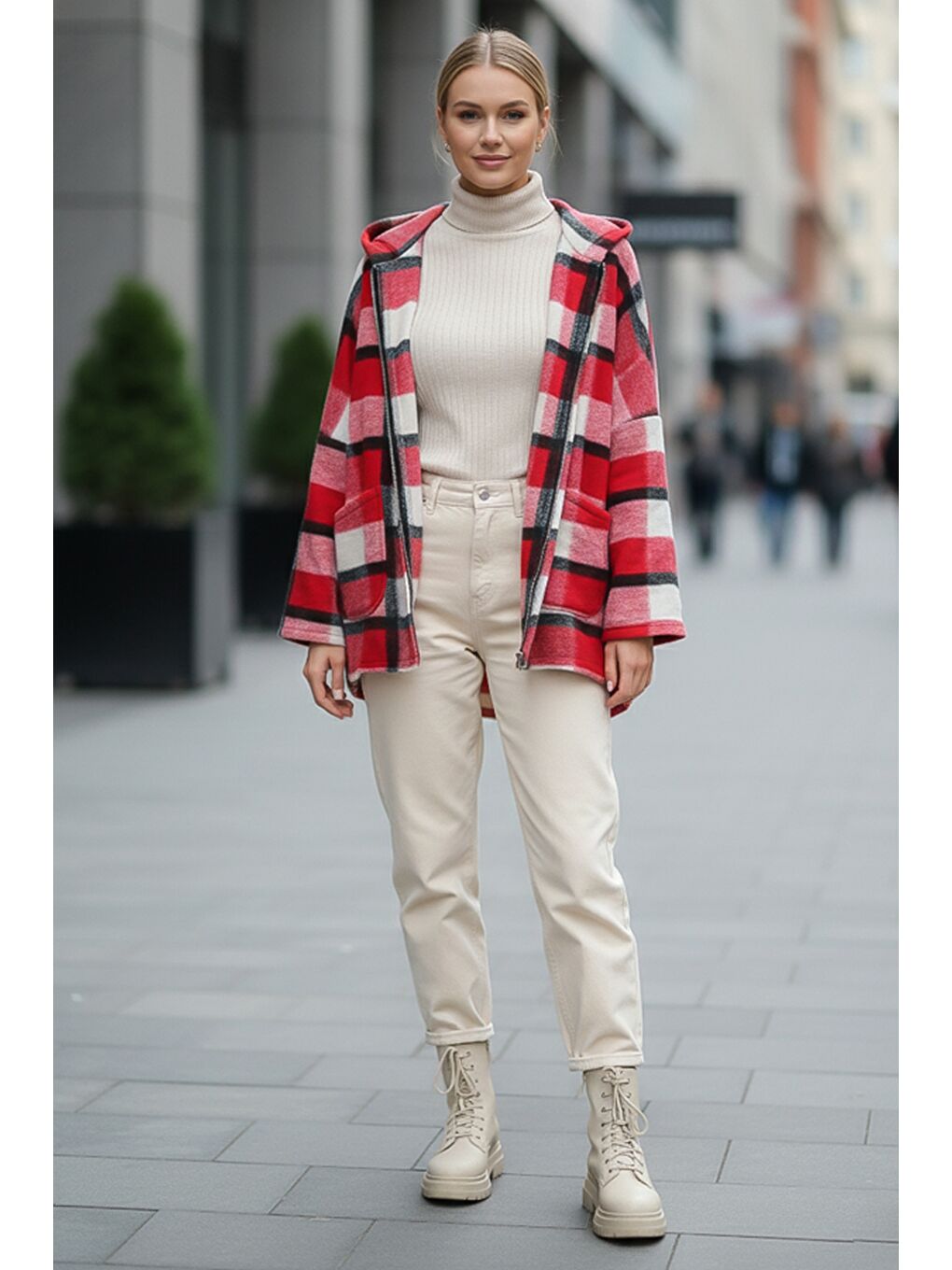 İtalyan Kırmızı Kapüşonlu Uzun Kol Ekose Fermuarlı Cepli Casual Yün Oversize Dokuma Ceket 75 80-1