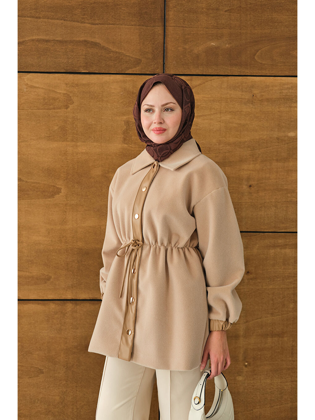Bej Kadın Beli Ayarlanabilir Gömlek Yaka Angora Ceket Vizon-4