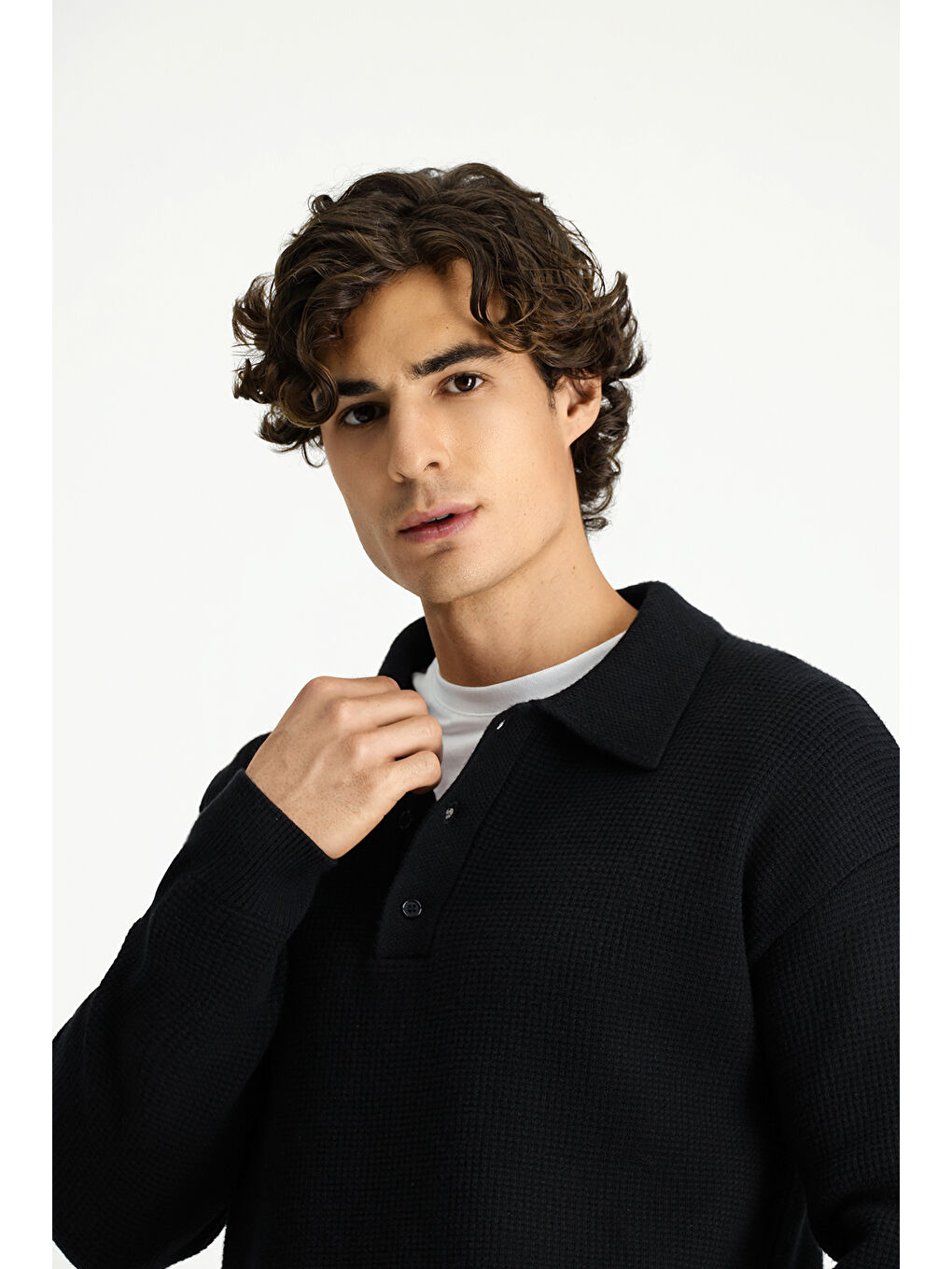 Siyah Polo Yaka Oversize Ekstra Rahat Kesim Desenli Triko Kazak-2