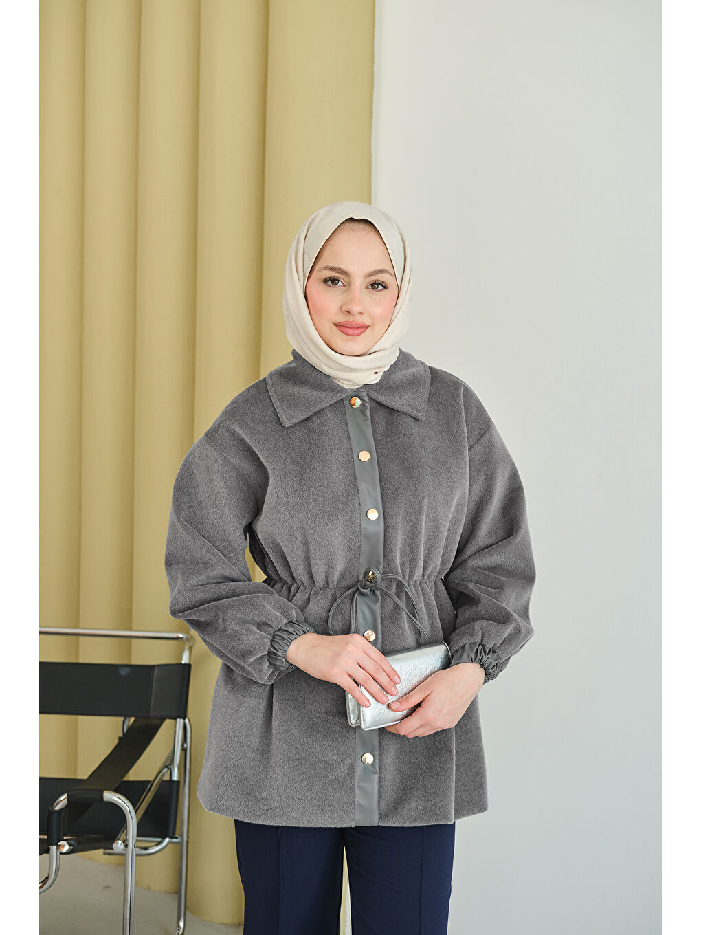 Kadın Beli Ayarlanabilir Gömlek Yaka Angora Ceket Gri-1