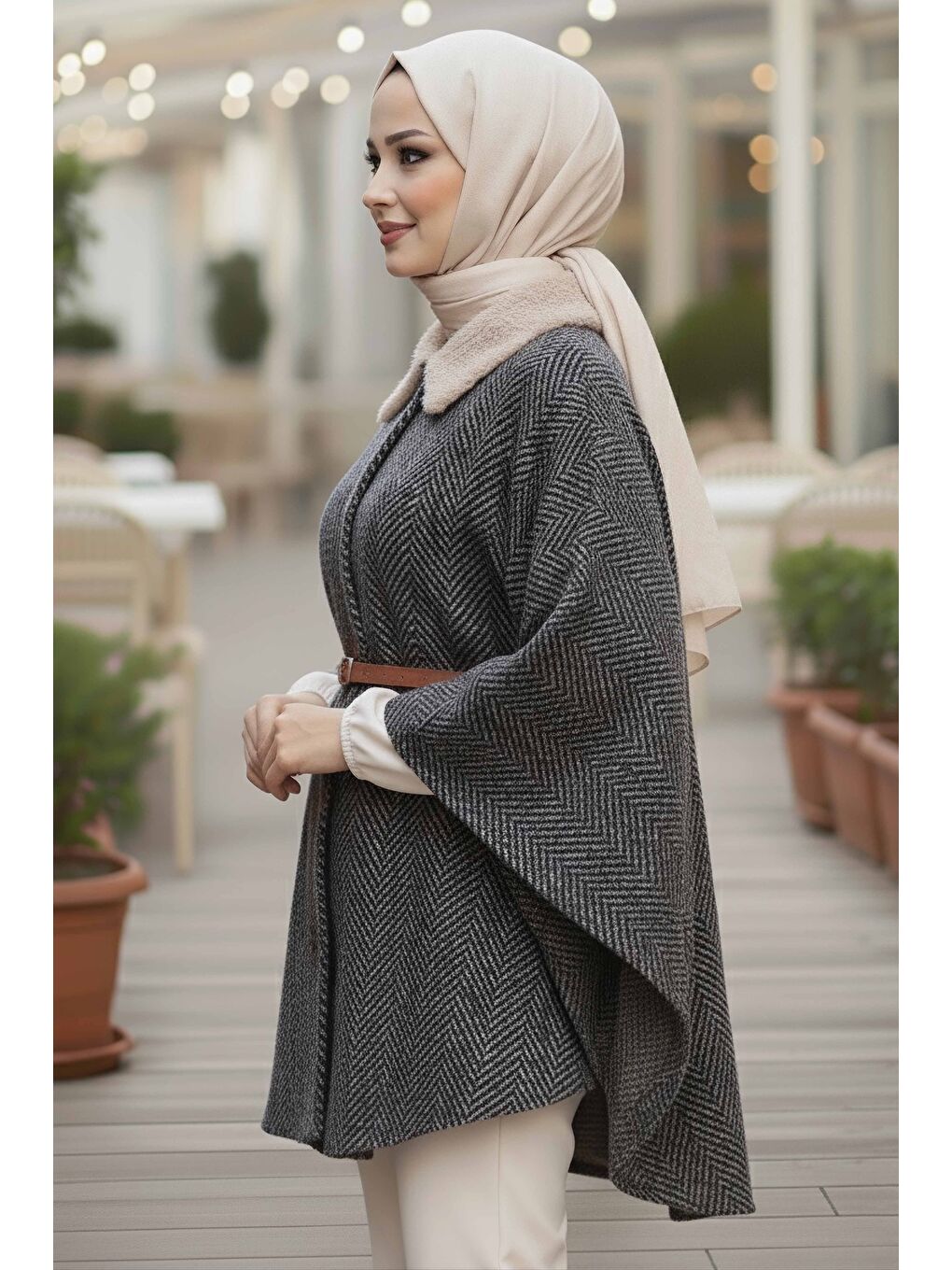 Bej Zikzak Desenli Kemerli Pamço Vizon - 27987-VIZON-1