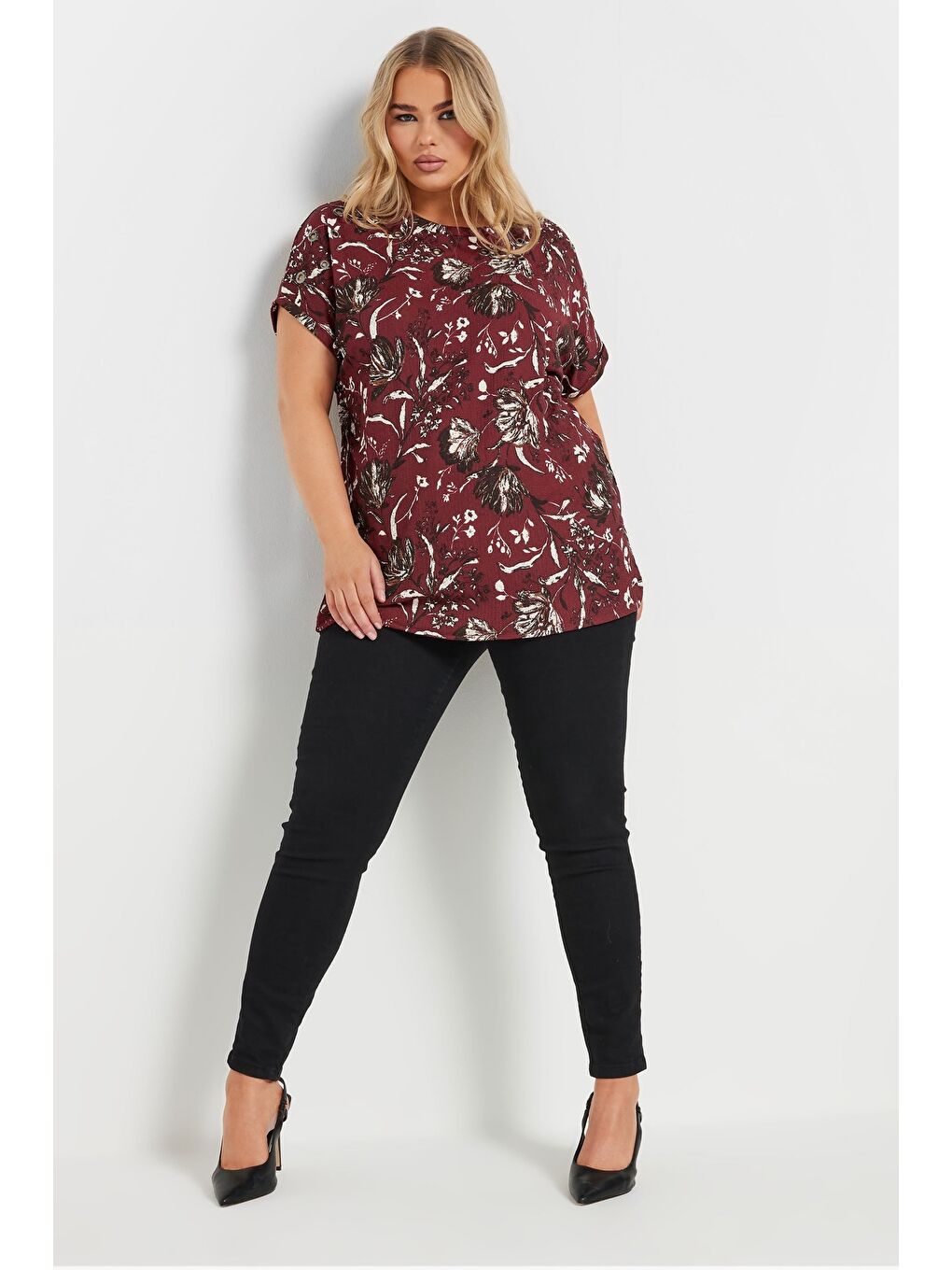 Bordo Büyük Beden Kısa Kollu Bisiklet Yaka Baskılı T-shirt 303841-1