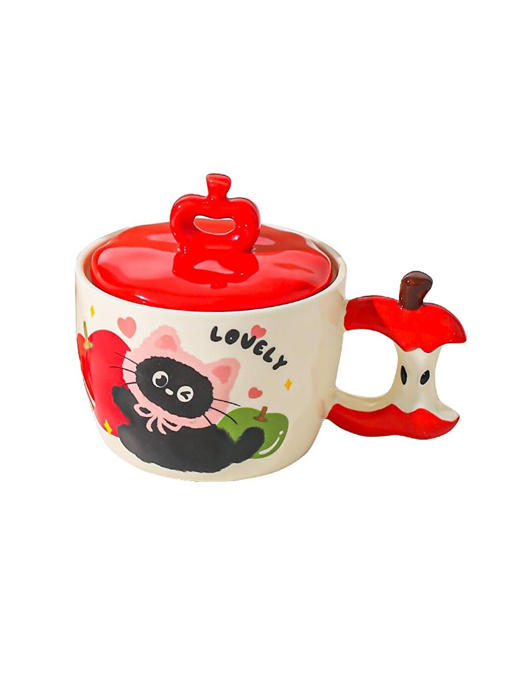 Karışık Sevimli Kedi Elma Temalı Seramik Kupa-4