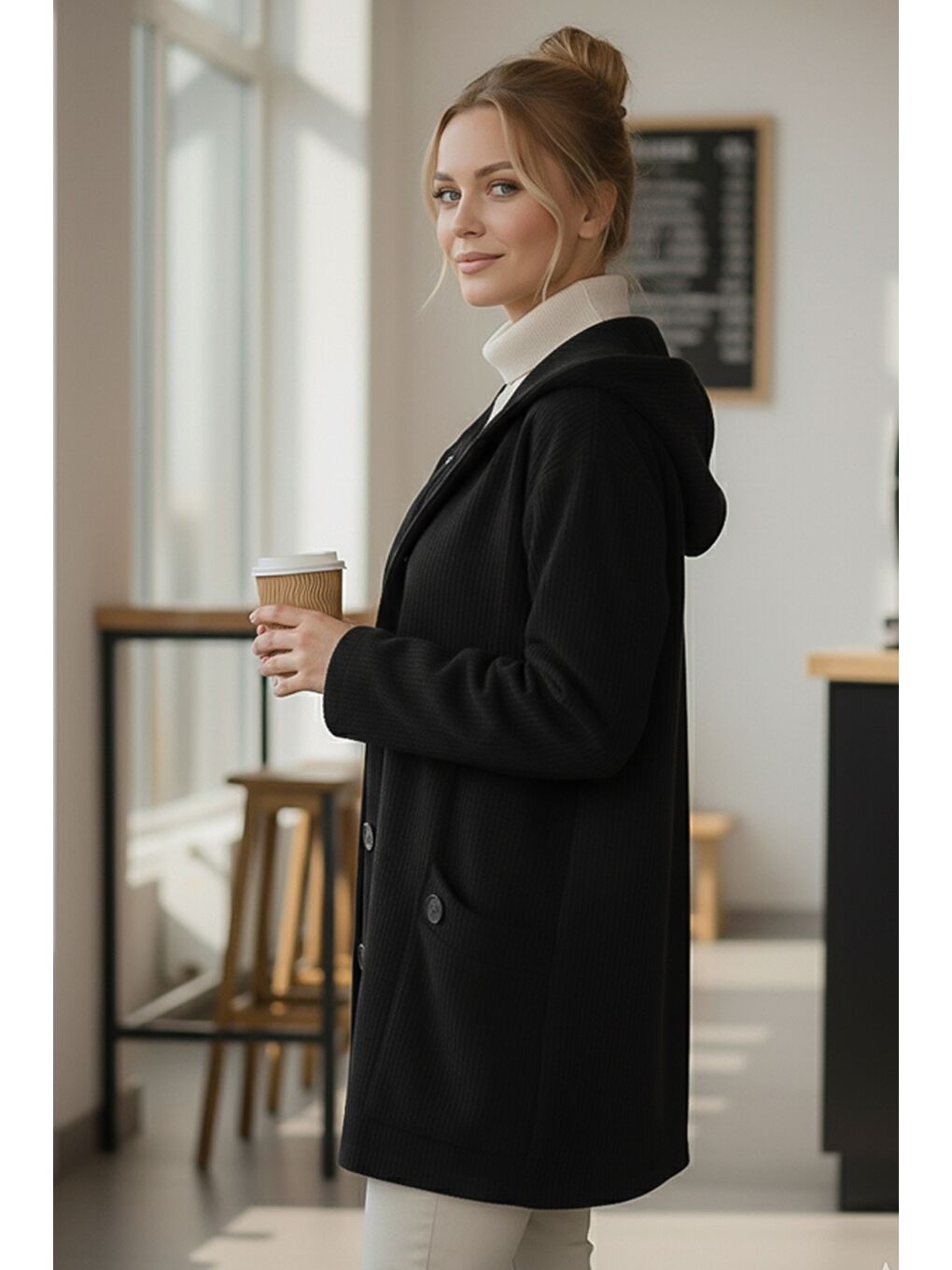 İtalyan Siyah Kapüşonlu Uzun Kol Düğmeli Cepli Casual Kadife Oversize Dokuma Ceket 80 70-3