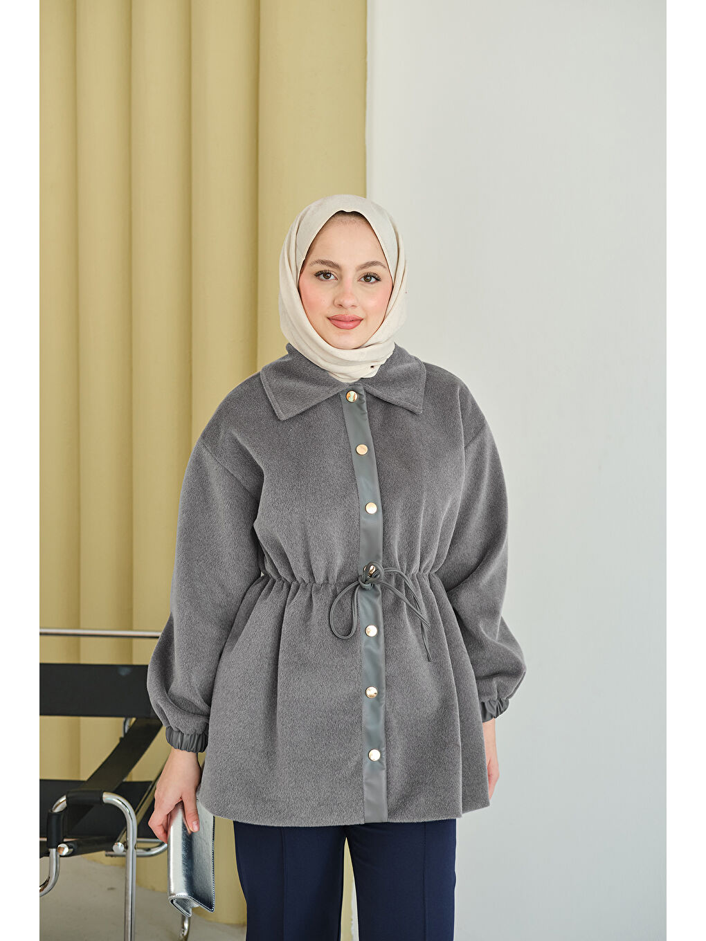 Kadın Beli Ayarlanabilir Gömlek Yaka Angora Ceket Gri-2