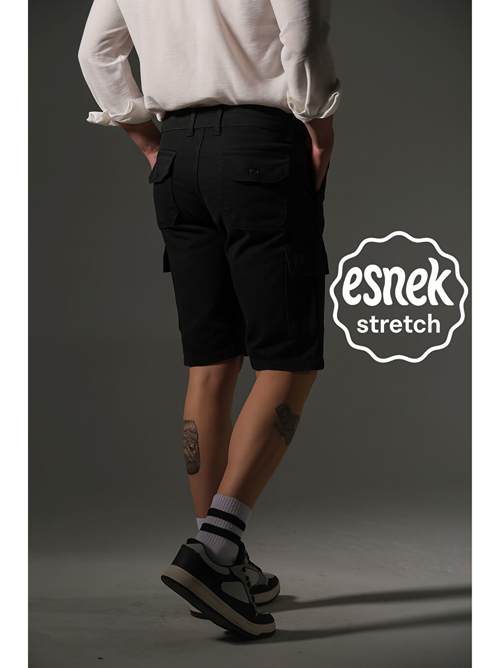 Siyah None Denim Yandan Kargo Cepli Esnek Kumaş Erkek Kargo Şort Bermuda-1