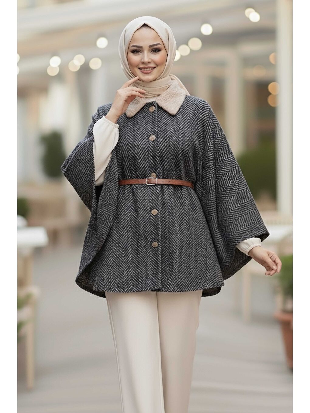 Bej Zikzak Desenli Kemerli Pamço Vizon - 27987-VIZON-2