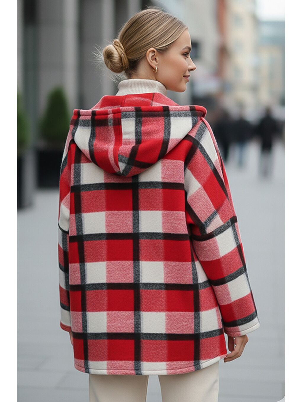 İtalyan Kırmızı Kapüşonlu Uzun Kol Ekose Fermuarlı Cepli Casual Yün Oversize Dokuma Ceket 75 80-2