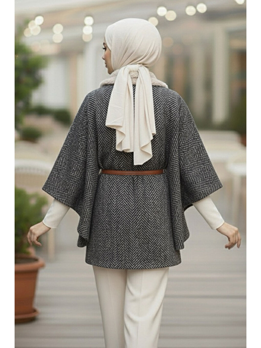 Bej Zikzak Desenli Kemerli Pamço Vizon - 27987-VIZON-3