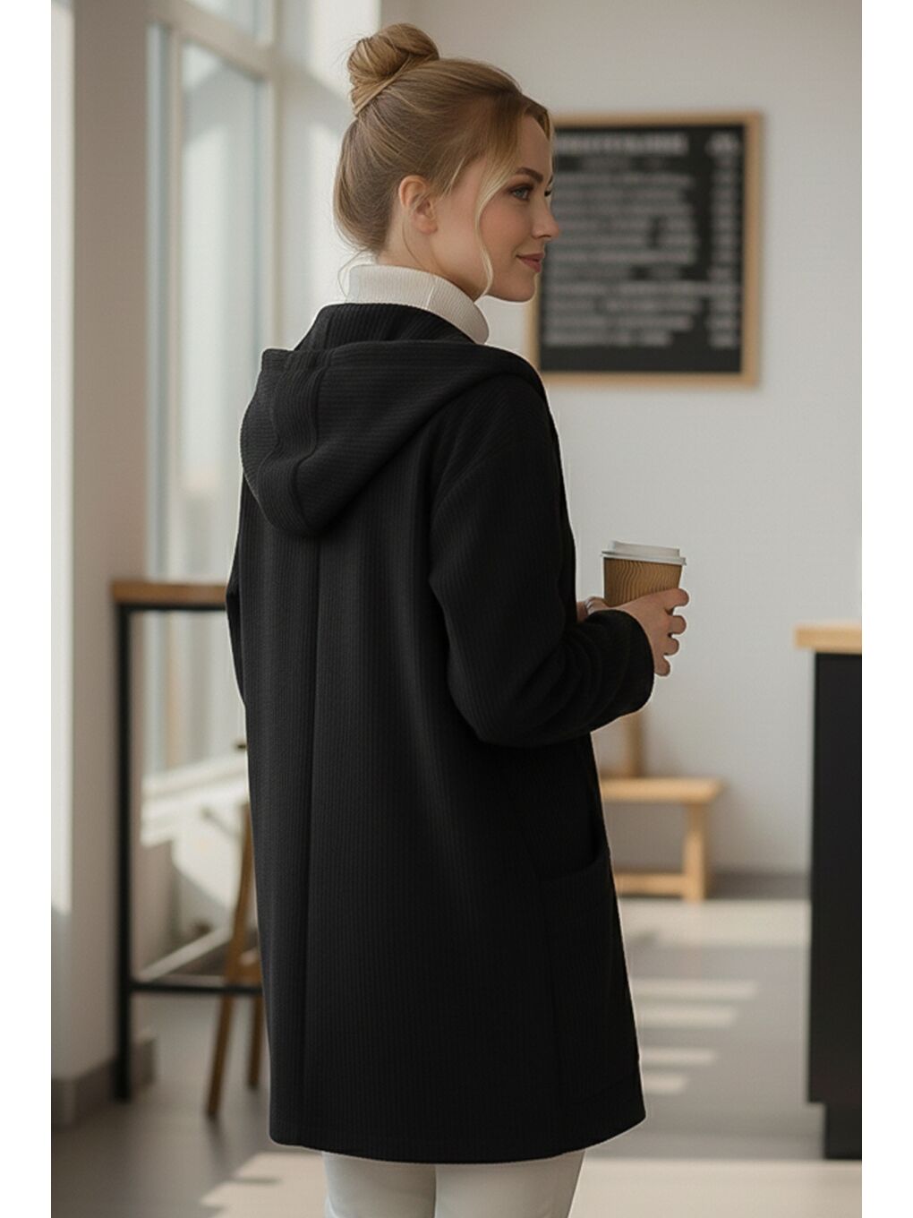 İtalyan Siyah Kapüşonlu Uzun Kol Düğmeli Cepli Casual Kadife Oversize Dokuma Ceket 80 70-4